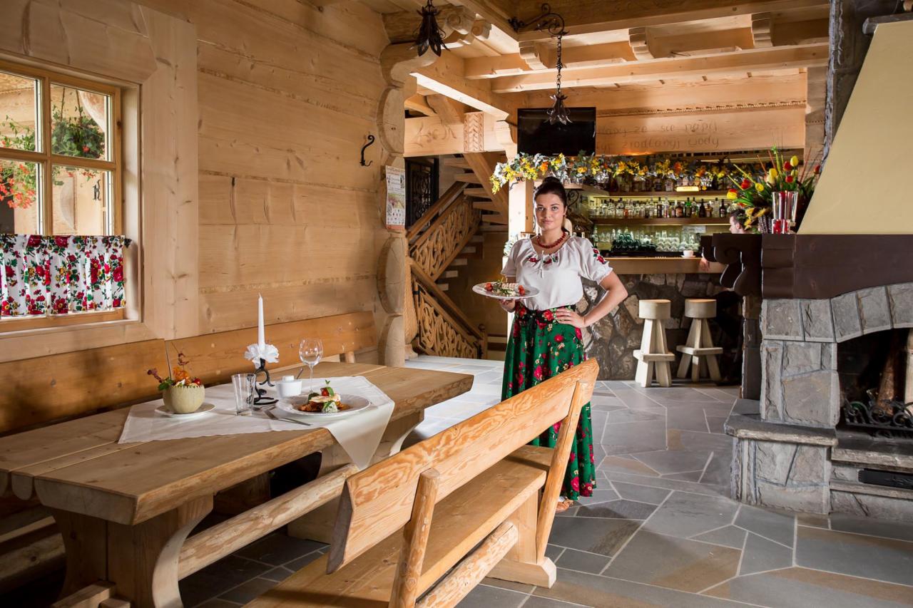 Wnętrze góralskiej restauracji: kelnerka w stroju ludowym z talerzem dań, drewniane meble, kamienny kominek, bar z alkoholem w tle.