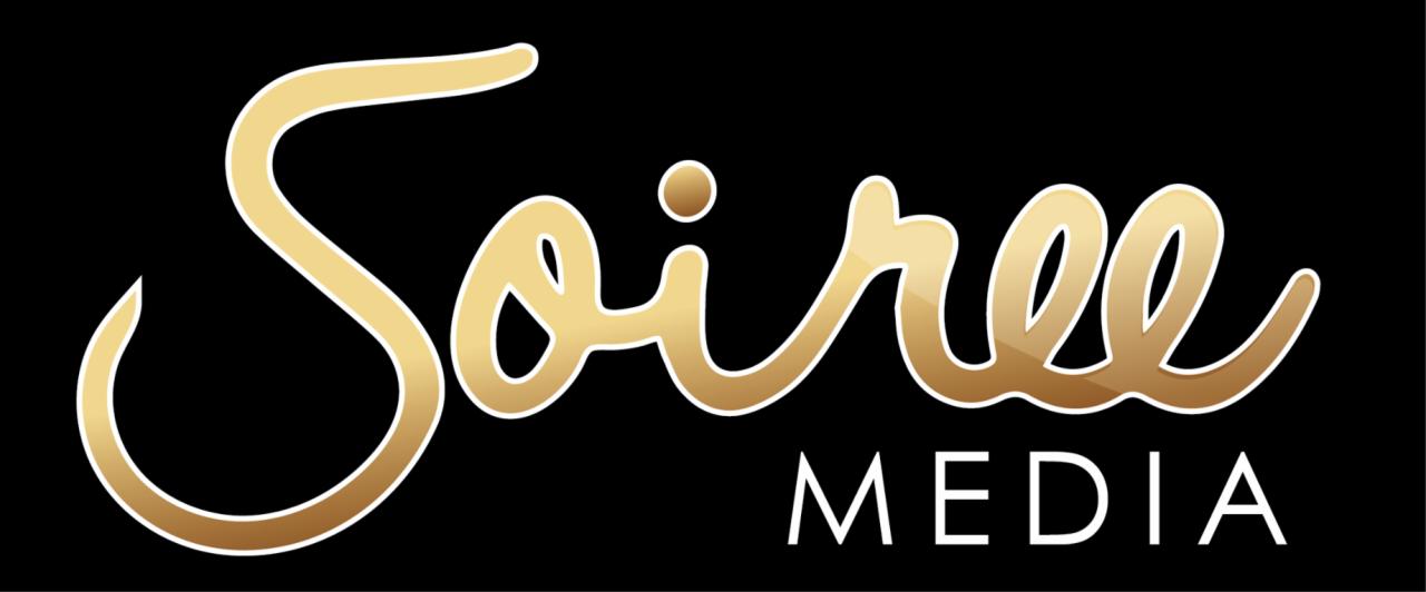 Złote logo 'Soiree' z dopiskiem 'MEDIA' na czarnym tle.
