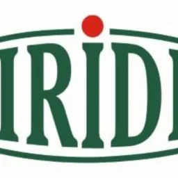 Zielony logotyp VIRIDIS z czerwoną kropką, umieszczony na białym tle. Nazwa firmy otoczona liniami, tworzącymi kształt przypominający strąk.