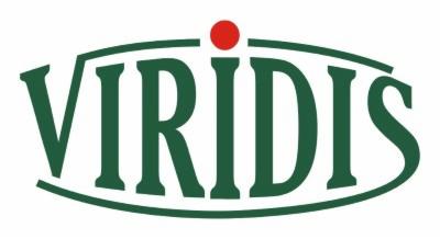 Zielony logotyp VIRIDIS z czerwoną kropką, umieszczony na białym tle. Nazwa firmy otoczona liniami, tworzącymi kształt przypominający strąk.