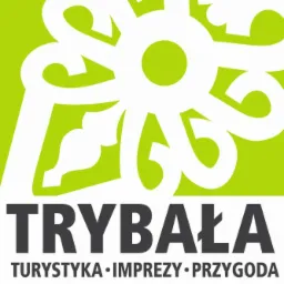 Logo firmy TRYBAŁA z zielonym abstrakcyjnym symbolem powyżej nazwy i hasłem 'Turystyka • Imprezy • Przygoda' poniżej.