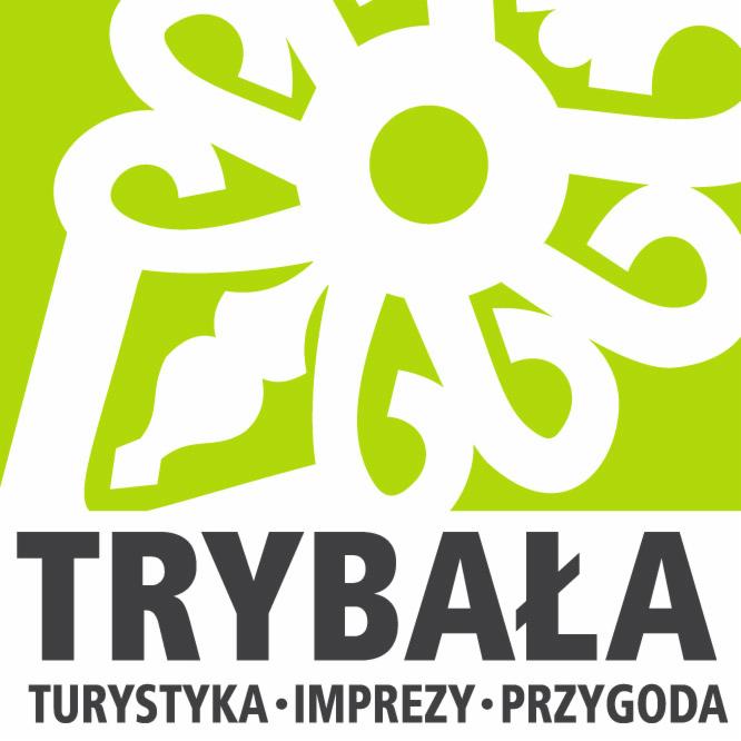 Logo firmy TRYBAŁA z zielonym abstrakcyjnym symbolem powyżej nazwy i hasłem 'Turystyka • Imprezy • Przygoda' poniżej.