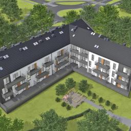 OPENINVEST sp. z o.o., sp. k. - Wizualizacja z lotu ptaka nowoczesnego, trzypiętrowego budynku mieszkalnego z balkonami, otoczonego zielenią i placem zabaw.