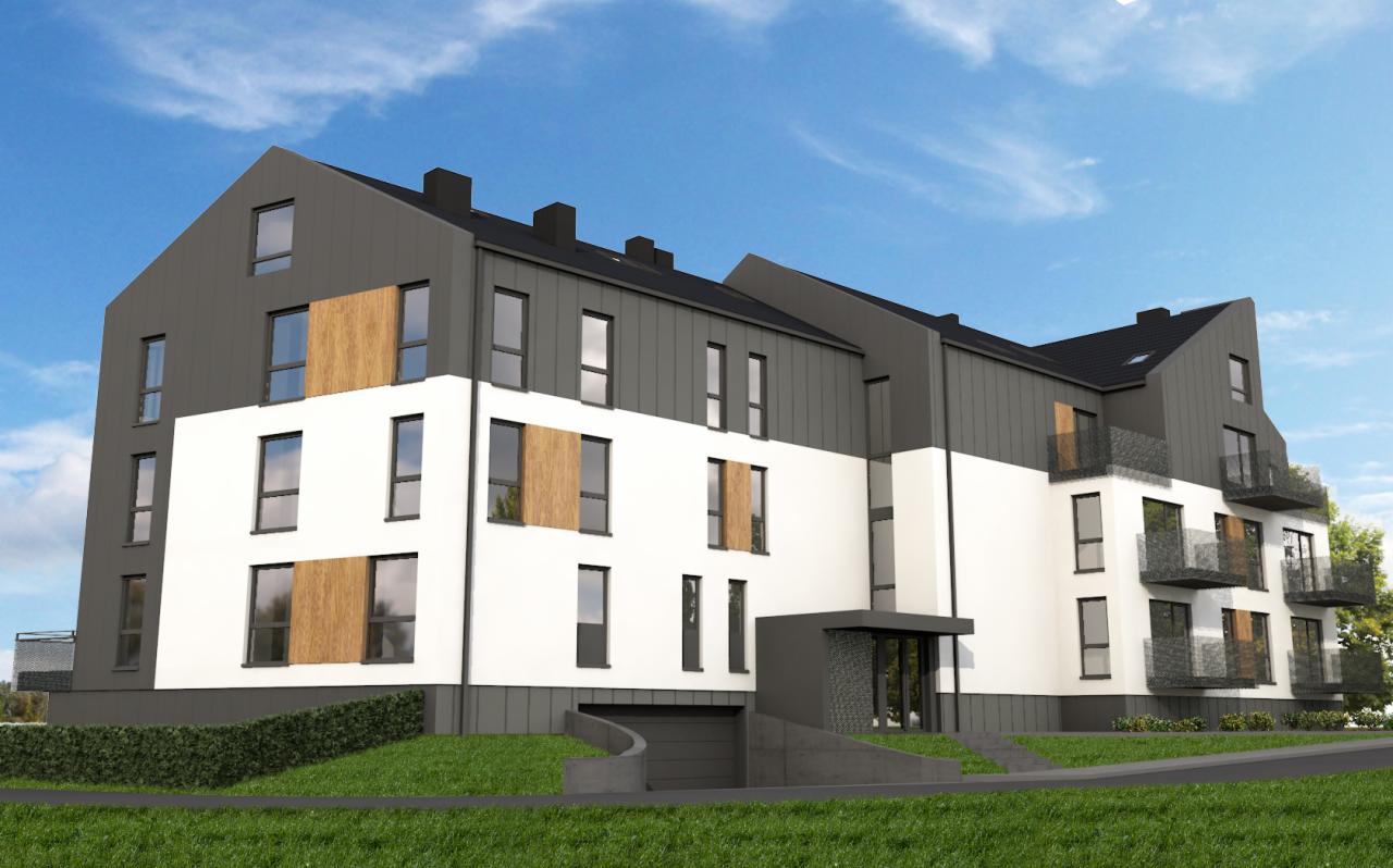 Wizualizacja nowoczesnego apartamentowca z balkonami, elewacją w kolorach bieli, szarości i drewna, garażem podziemnym i zadbanym trawnikiem na pierwszym planie.