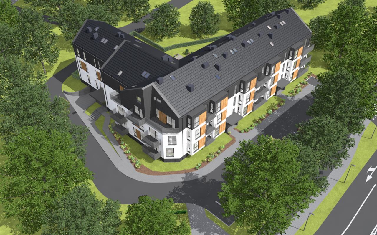Wizualizacja z lotu ptaka nowoczesnego, trzypiętrowego budynku mieszkalnego z balkonami, ciemną dachówką i elementami wykończeniowymi w odcieniach brązu, otoczonego zielenią i chodnikami.