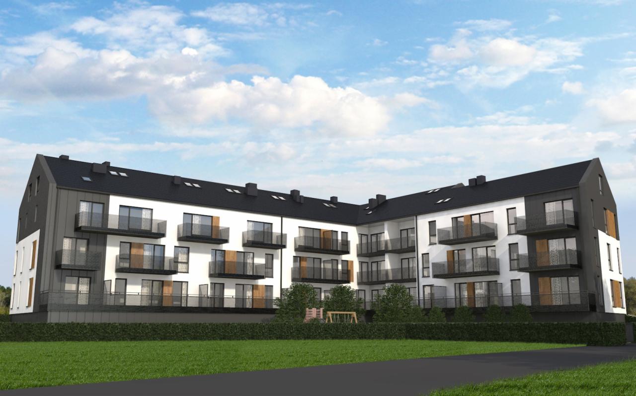 Wizualizacja nowoczesnego, trzypiętrowego budynku apartamentowego z balkonami, czarnym dachem i białymi ścianami, otoczonego zielenią i błękitnym niebem z chmurami.