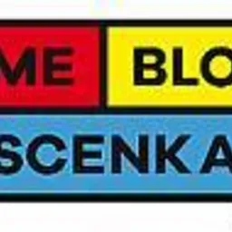 Kolorowe logo firmy z napisem 'ME BLO SCENKA' na tle podzielonym na trzy prostokąty: czerwony, żółty i niebieski.