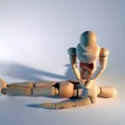 Drewniana figurka demonstrująca masaż serca na innej drewnianej figurce leżącej na plecach, oświetlonej chłodnym, niebieskawym światłem.