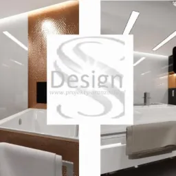 Wizualizacja łazienki z elementami czerni, bieli i miedzianej mozaiki, wyposażonej w wannę, bidet i dwie umywalki, z nałożonym logo firmy projektowej i zdjęciem projektantki.