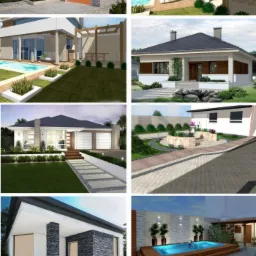 Kolaż wizualizacji architektonicznych przedstawiających różne style domów jednorodzinnych z ogrodami i basenami, zróżnicowane materiały elewacyjne i aranżacje przestrzeni.