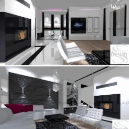 Wizualizacja dwóch wariantów aranżacji salonu w nowoczesnym stylu, z czarno-białą kolorystyką, minimalistycznymi meblami i kominkiem w zabudowie. Górna część przedstawia salon z połyskującą podłogą...