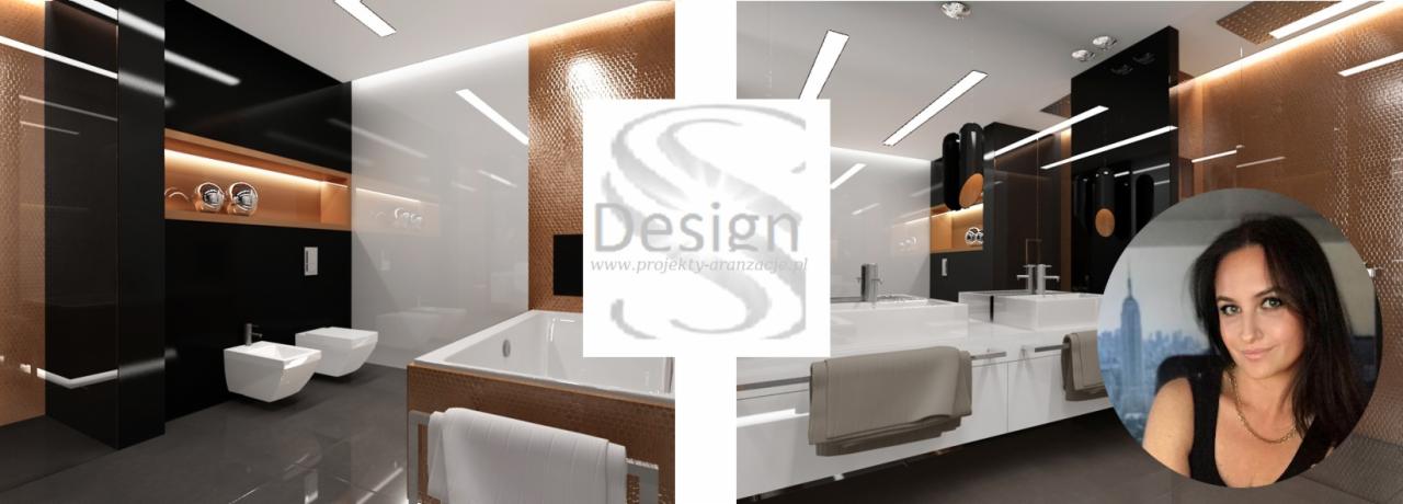 Wizualizacja łazienki z elementami czerni, bieli i miedzianej mozaiki, wyposażonej w wannę, bidet i dwie umywalki, z nałożonym logo firmy projektowej i zdjęciem projektantki.