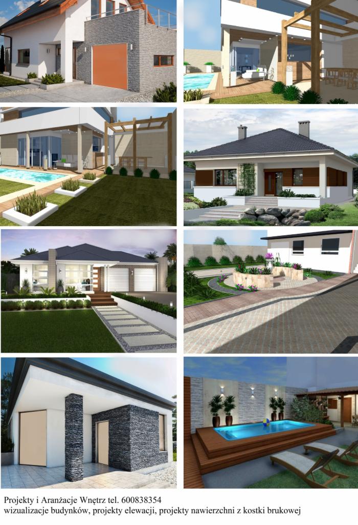 Kolaż wizualizacji architektonicznych przedstawiających różne style domów jednorodzinnych z ogrodami i basenami, zróżnicowane materiały elewacyjne i aranżacje przestrzeni.