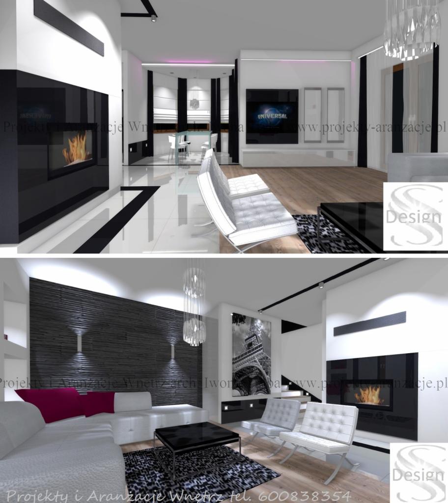 Wizualizacja dwóch wariantów aranżacji salonu w nowoczesnym stylu, z czarno-białą kolorystyką, minimalistycznymi meblami i kominkiem w zabudowie. Górna część przedstawia salon z połyskującą podłogą...