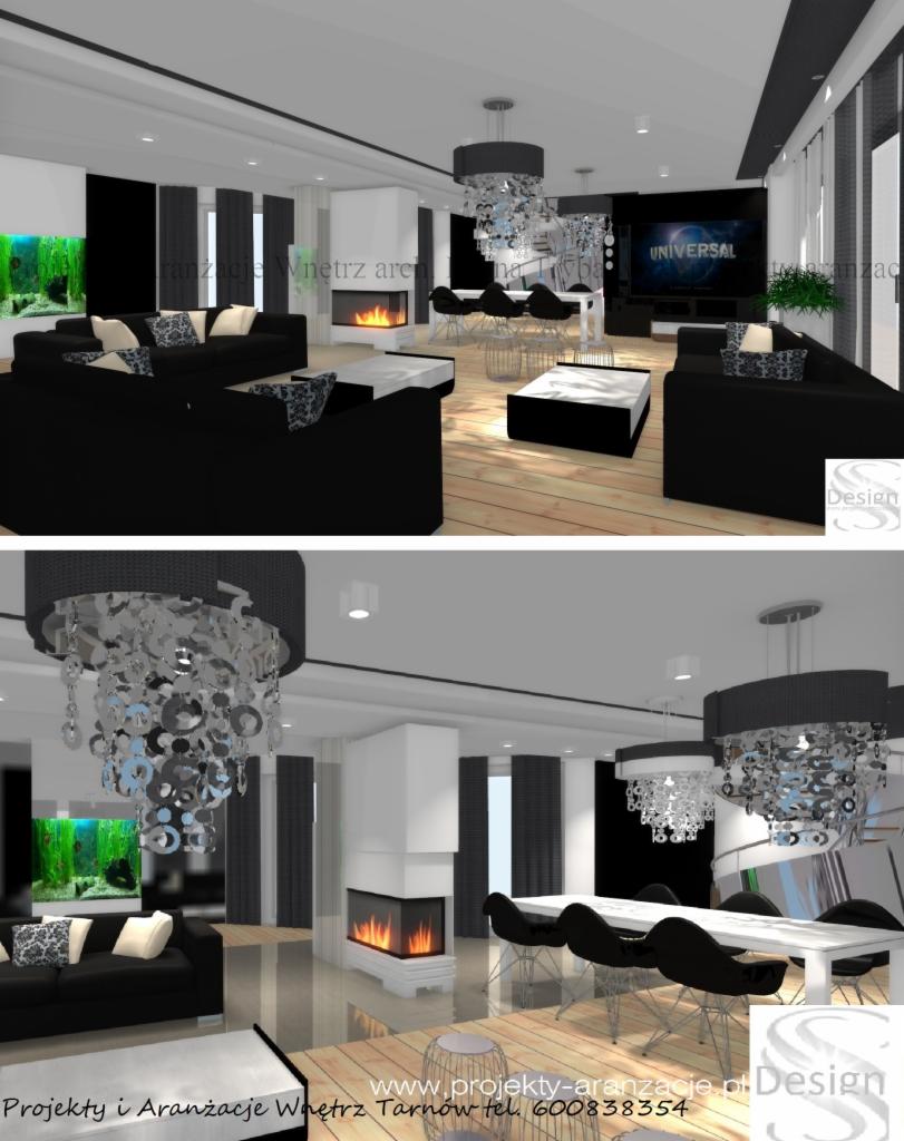 Wizualizacja salonu z kominkiem, akwarium i jadalnią, utrzymana w czarno-białej kolorystyce z błyszczącą podłogą i designerskimi lampami nad stołem.