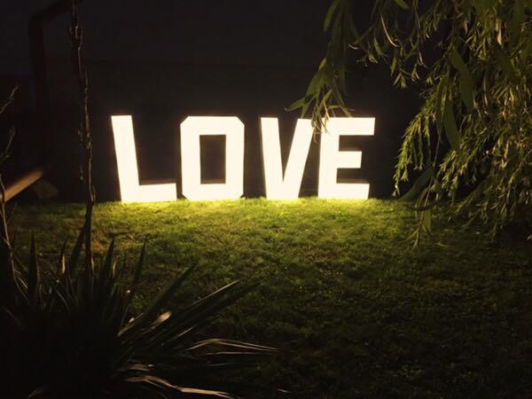 Podświetlany napis 'LOVE' z dużych liter ustawiony na trawie w nocy, oświetlony od dołu, z fragmentami roślinności po bokach.