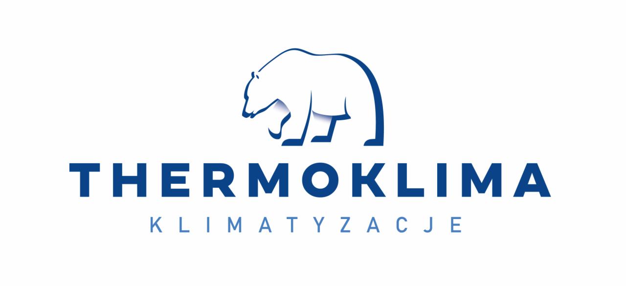 Niebieskie logo firmy Thermoklima z motywem niedźwiedzia polarnego i napisem 'klimatyzacje' poniżej nazwy.