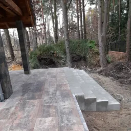 Ułożona, częściowo zadaszona, kostka brukowa imitująca drewno, z fragmentem schodów z szarej kostki, na tle leśnego ogrodu z drzewami.