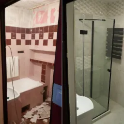 Porównanie łazienki przed i po remoncie: stara brązowo-biała glazura kontra nowoczesna szara z kabiną prysznicową typu walk-in.