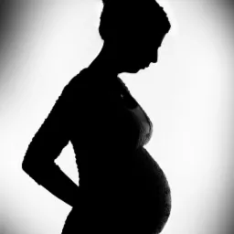 Czarno-biała sylwetka kobiety w ciąży, profil, oświetlenie kontrowe.