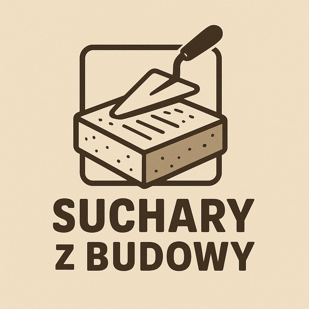 Grafika: cegła, kielnia i napis 'SUCHARY Z BUDOWY' w stonowanej kolorystyce. Minimalistyczny design, nawiązujący do branży budowlanej.