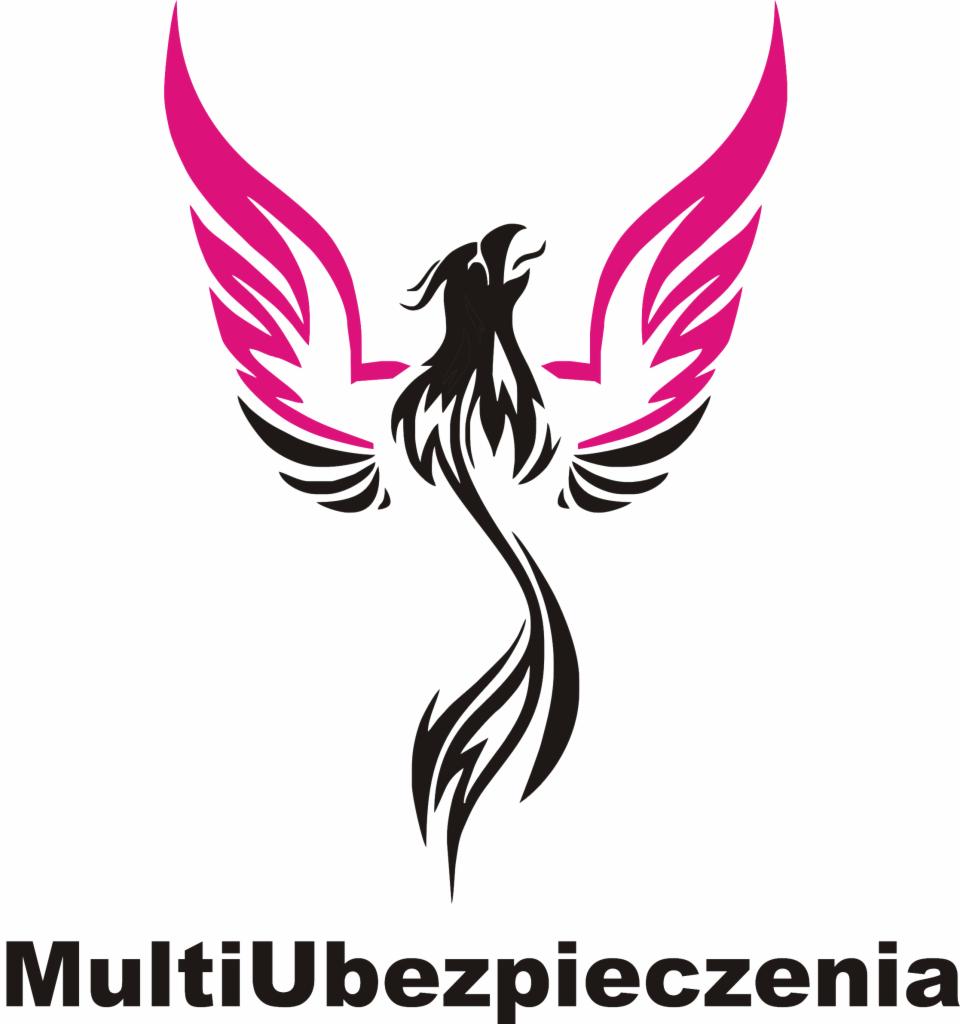 Logo MultiUbezpieczenia z czarno-różowym feniksem na białym tle.
