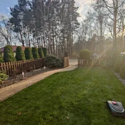 Automatyczny robot koszący Bosch na świeżo skoszonej, zielonej trawie w ogrodzie, widok na drewniany płot, tuje i drzewa w tle, promienie słoneczne.