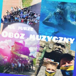 Mozaika zdjęć z obozu: grupa dzieci widziana z góry, chłopak pływający pod wodą, grupa dzieci przed zamkiem na wzgórzu, ojciec z synem przed wejściem do parku rozrywki z motywem azteckim.