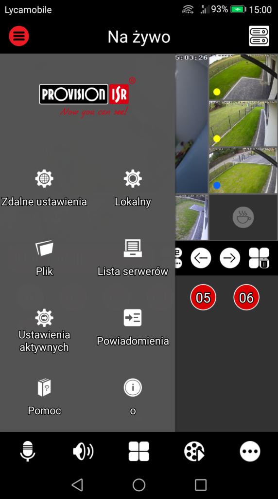 Aplikacja mobilna do zdalnego podglądu z kamer monitoringu, interfejs z ikonami i podglądem na żywo z kilku kamer.