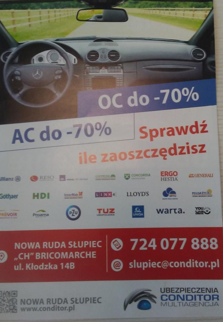Ulotka reklamowa z wnętrzem samochodu marki Mercedes i informacją o zniżkach na ubezpieczenia OC i AC, oraz logotypami różnych towarzystw ubezpieczeniowych i danymi kontaktowymi firmy...