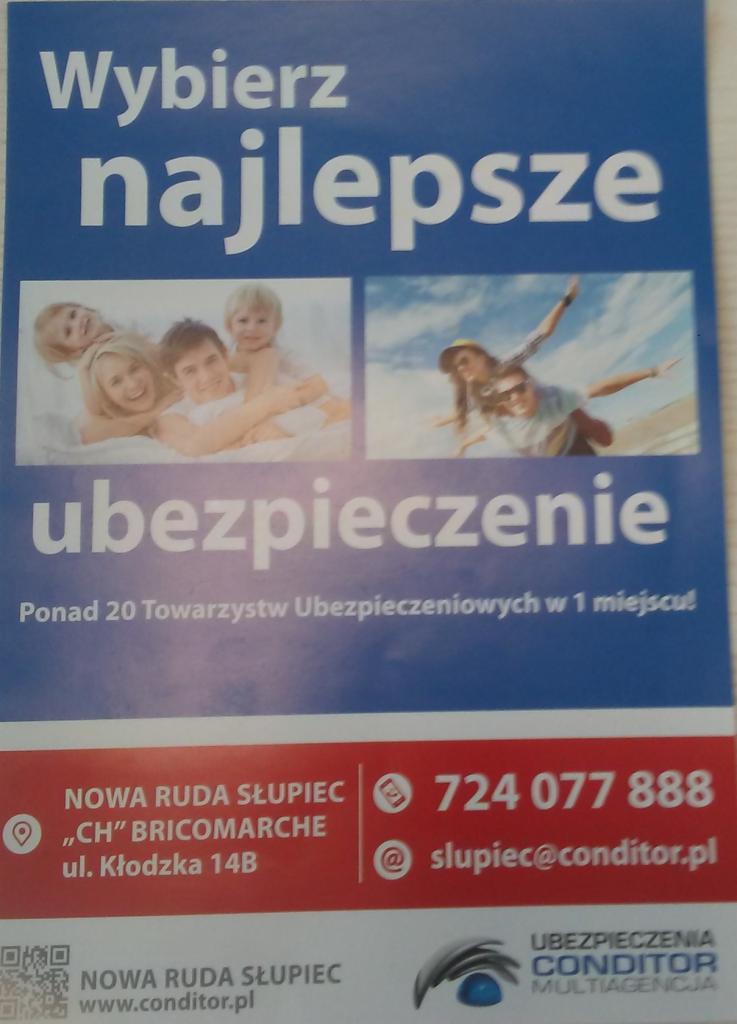 Ulotka reklamowa firmy z Nowej Rudy oferującej szeroki wybór ubezpieczeń, prezentująca zdjęcia uśmiechniętej rodziny i pary na plaży.