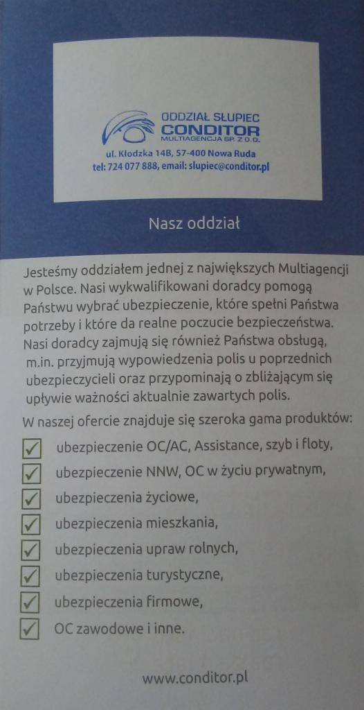 Ulotka informacyjna multiagencji ubezpieczeniowej Conditor z listą oferowanych produktów, w tym ubezpieczenia OC/AC, NNW, życiowe, mieszkania, upraw rolnych, turystyczne i firmowe.