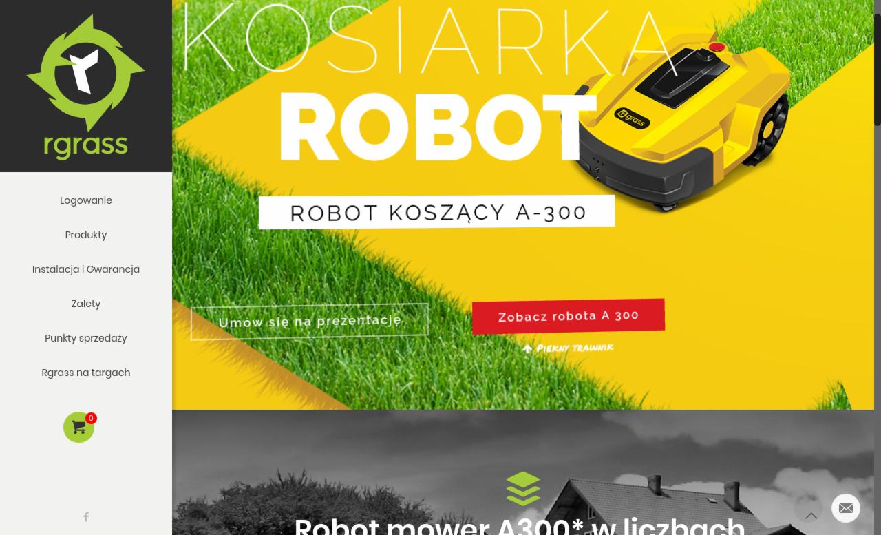 Strona internetowa z prezentacją robota koszącego A-300 marki rgrass, na żółto-zielonym tle z elementami menu po lewej stronie.
