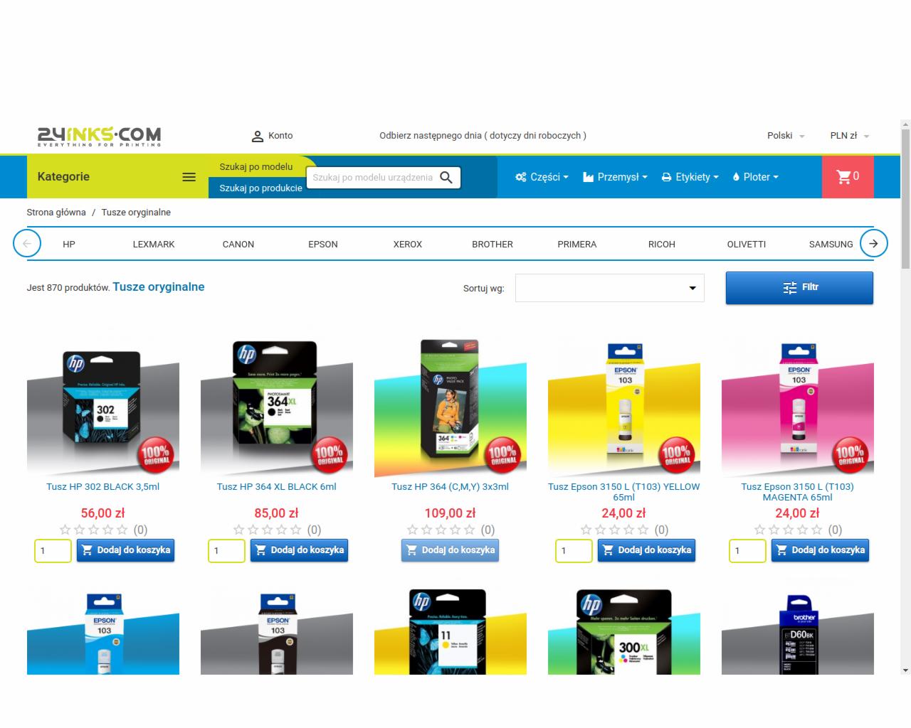 Sklep internetowy z tuszami do drukarek różnych marek, widok strony z listą produktów HP, Epson i Brother z cenami i opcjami dodania do koszyka.
