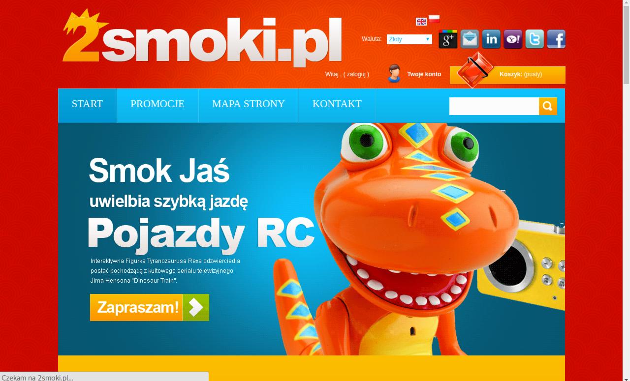 Strona internetowa 2smoki.pl z pomarańczowym smokiem Jaś i tekstem o pojazdach RC na niebieskim tle, widoczne menu nawigacyjne i elementy interfejsu użytkownika.