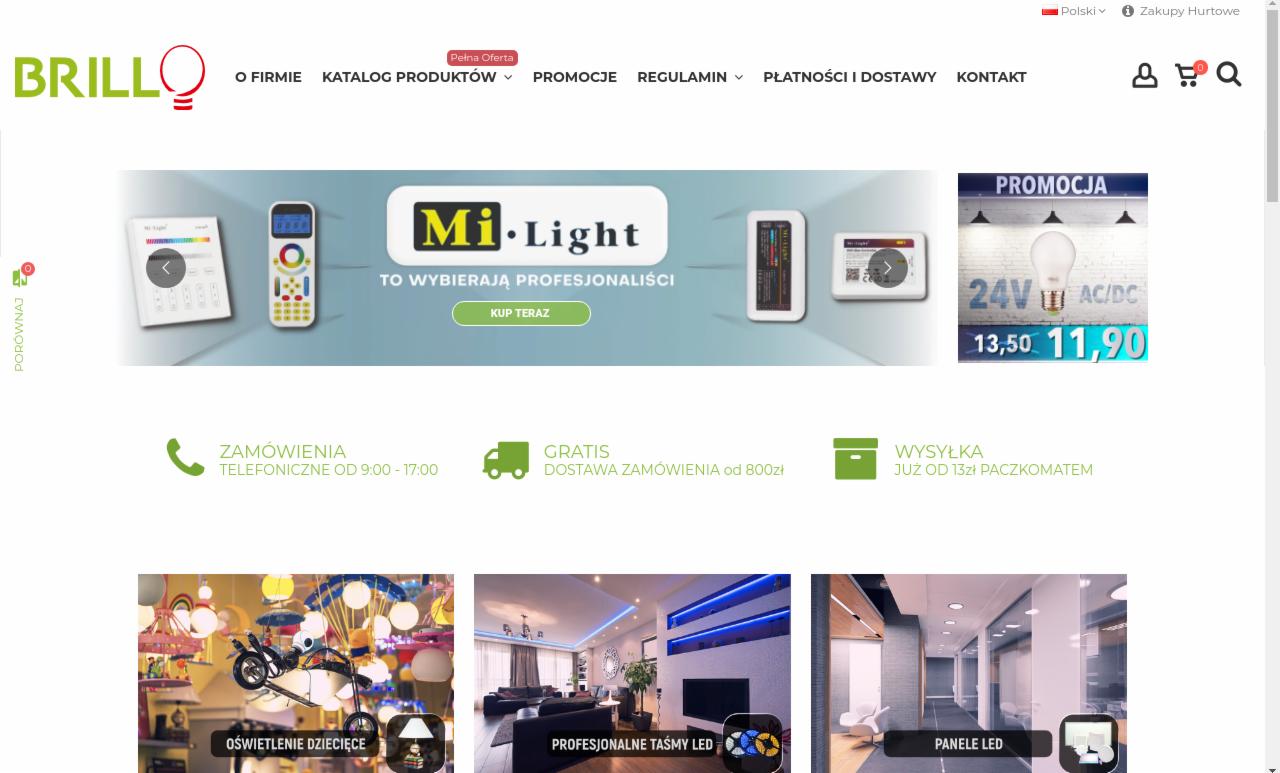 Strona internetowa sklepu z oświetleniem Brillo z Łodzi, prezentująca ofertę lamp dla dzieci, profesjonalnych taśm LED i paneli LED.