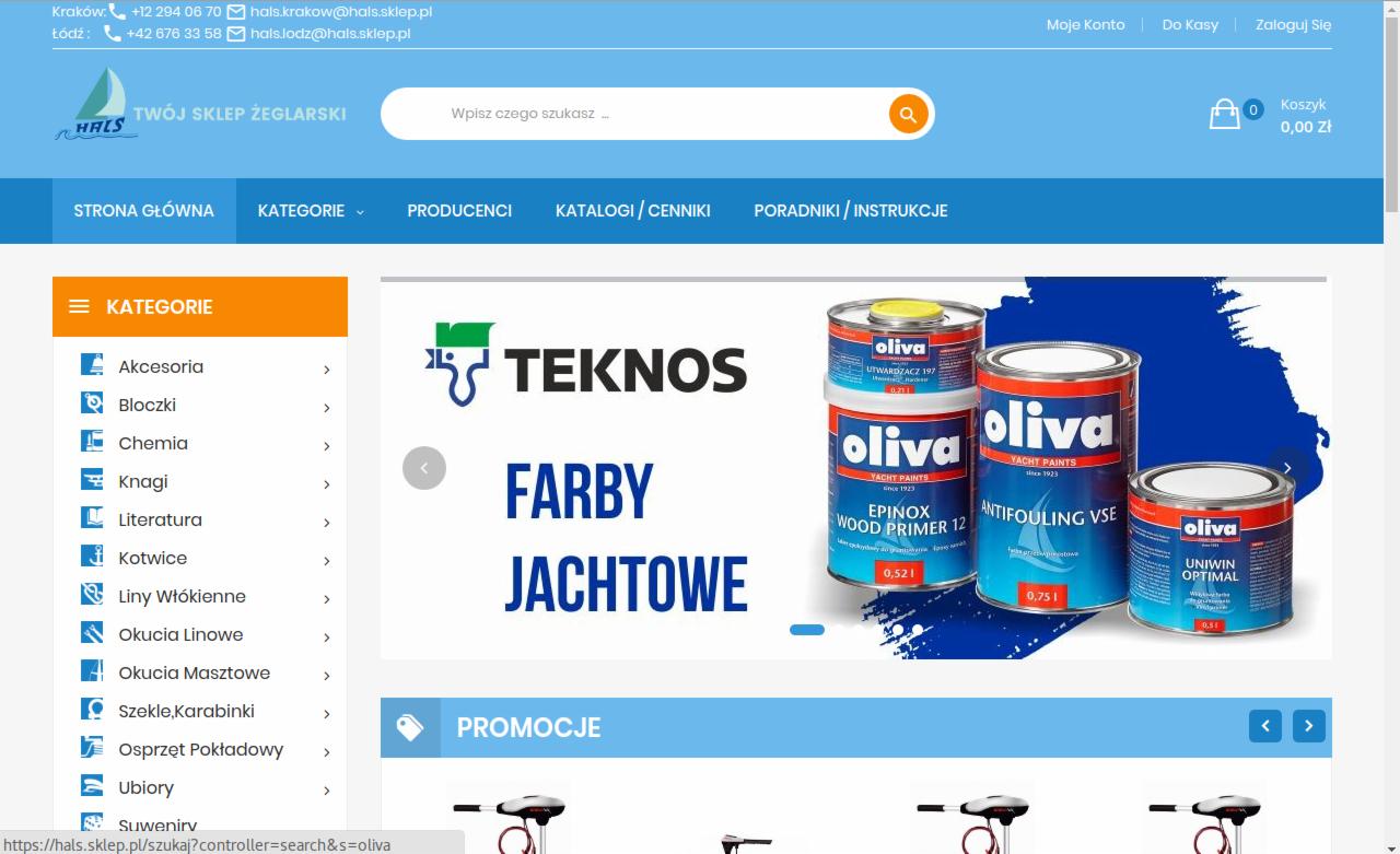 Strona internetowa sklepu żeglarskiego Hals z widocznymi kategoriami produktów po lewej stronie i reklamą farb jachtowych Teknos i Oliva w centralnej części.