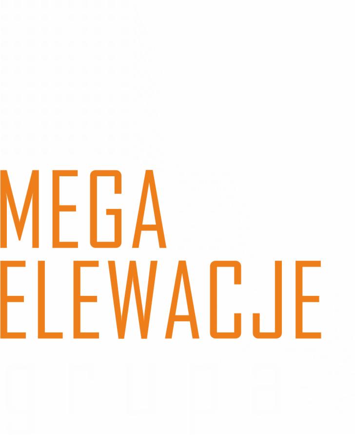 Pomarańczowy napis 'MEGA ELEWACJE' na białym tle. Prosty krój pisma, duży rozmiar liter, minimalizm graficzny, brak dodatkowych elementów dekoracyjnych.