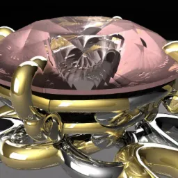 Render 3D pierścionka z dużym r&oacute;żowym kamieniem, złote i srebrne detale, skomplikowana konstrukcja mocowania kamienia.