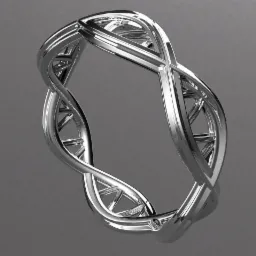 Srebrny pierścionek o kształcie podwójnej helisy DNA, prezentowany na gładkim, szarym tle. Metal polerowany na wysoki połysk, ukazujący detale struktury molekularnej.