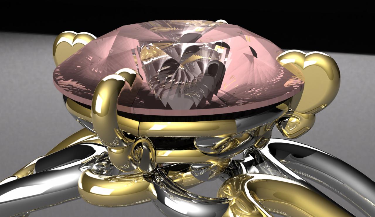 Render 3D pierścionka z dużym różowym kamieniem, złote i srebrne detale, skomplikowana konstrukcja mocowania kamienia.