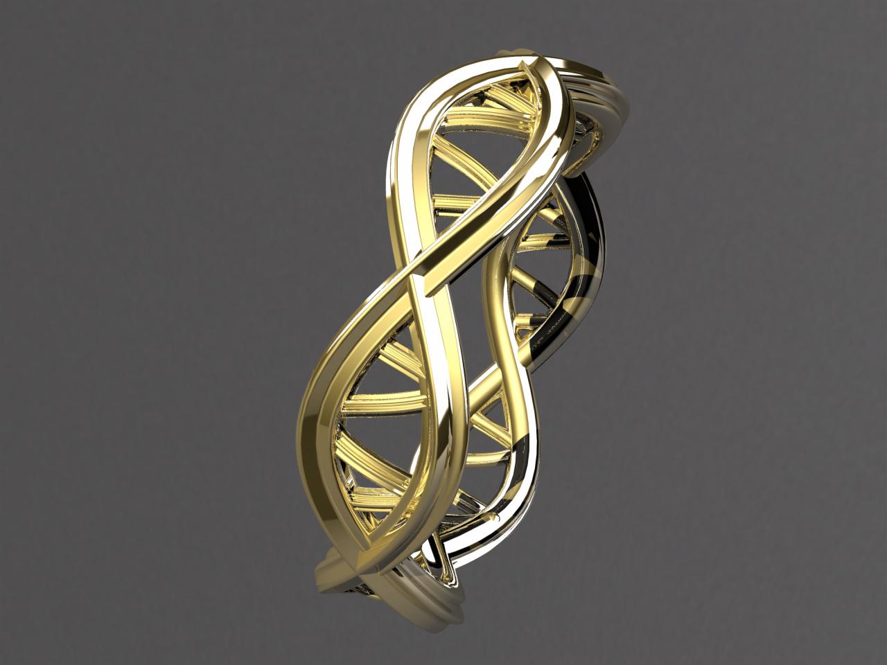 Wizualizacja 3D złotego pierścienia w kształcie podwójnej helisy DNA na szarym tle.
