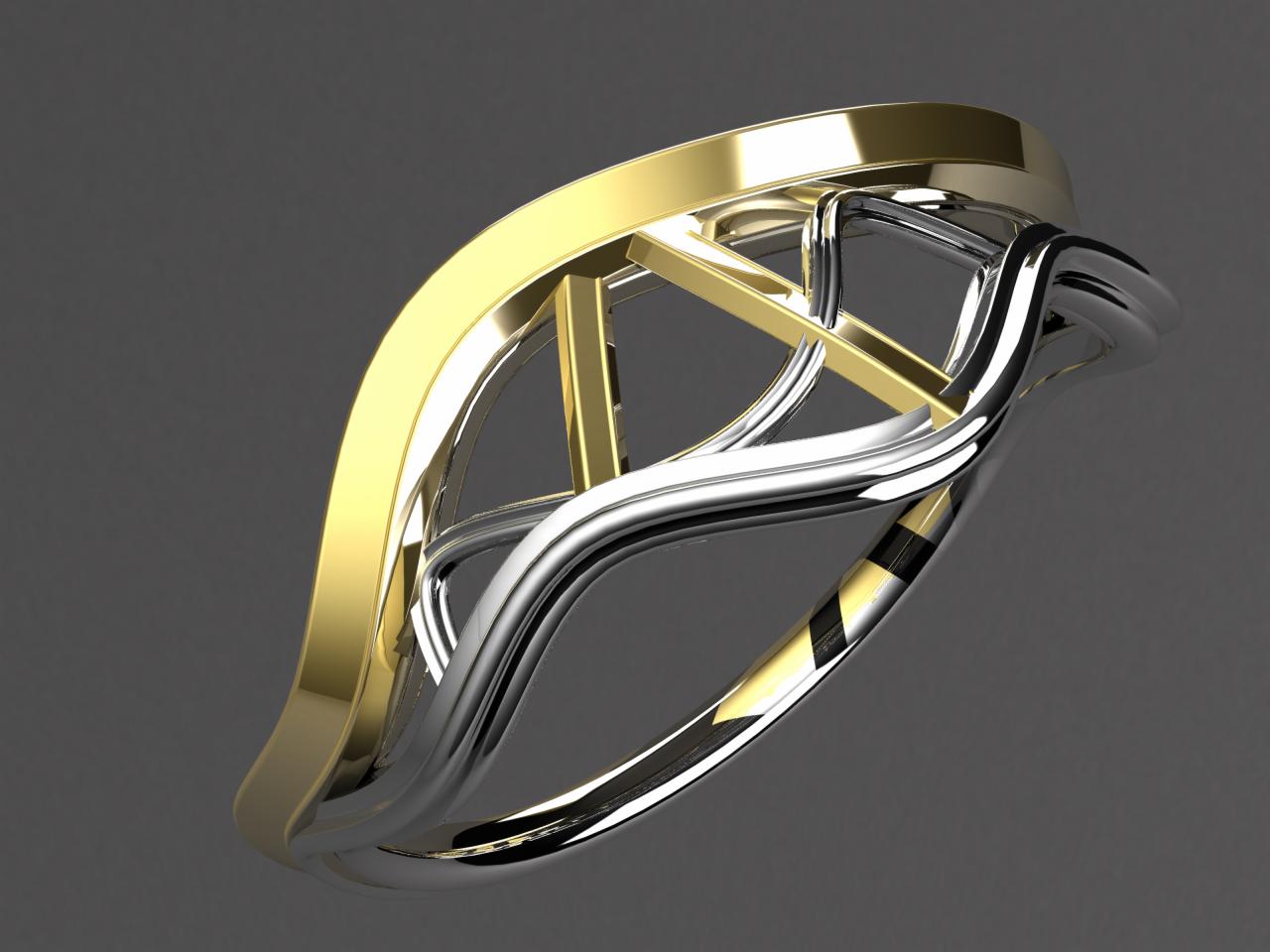 Render 3D pierścionka z przeplatających się elementów w kolorze złota i srebra na szarym tle.