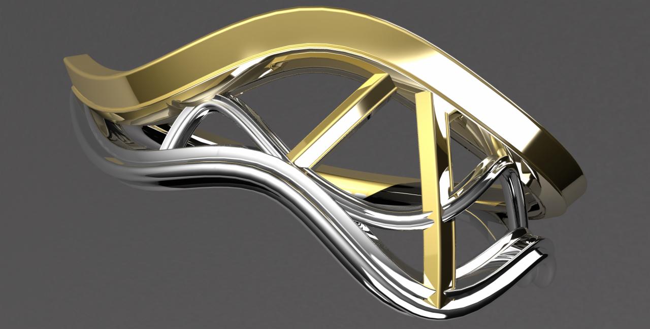 Wizualizacja 3D futurystycznego pierścionka z żółtego i białego złota, złożonego ze splecionych, geometrycznych elementów na szarym tle.