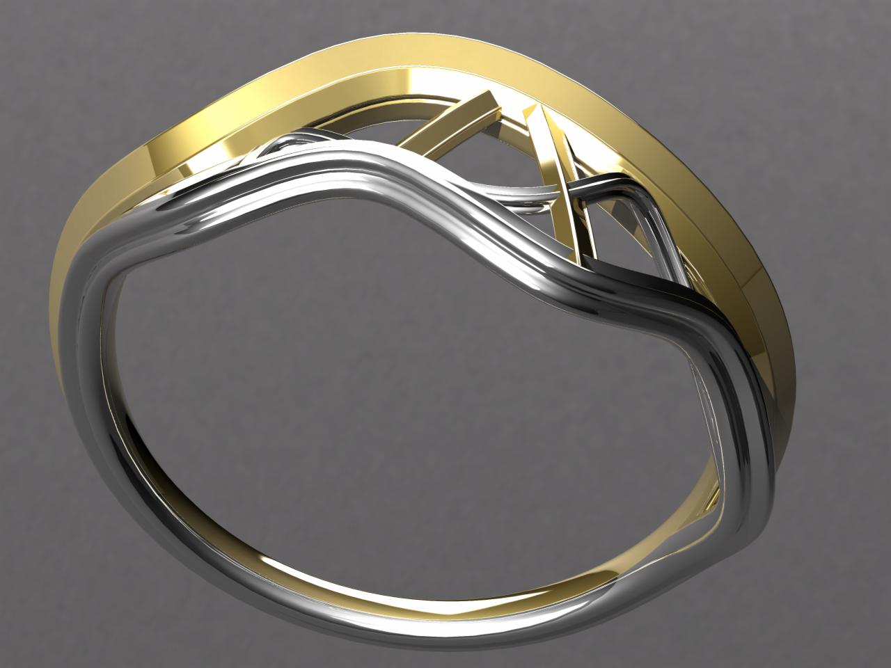 Wizualizacja 3D abstrakcyjnej konstrukcji z metalowych rurek w kolorze złotym i srebrnym, na jednolitym szarym tle.