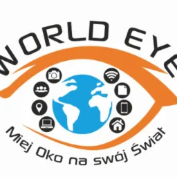 Grafika z okiem w kolorze pomarańczowym, w środku którego znajduje się globus otoczony ikonami: kamera, grupa osób, lokalizacja, laptop, wifi, plik, telefon, dom.