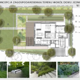 Koncepcja zagospodarowania terenu wokół domu jednorodzinnego w Konstancinie, widok z góry na plan ogrodu z podziałem na strefy: trawnik, zaciszny zakątek, relaks i zieleń na skarpie, z dołączonymi...