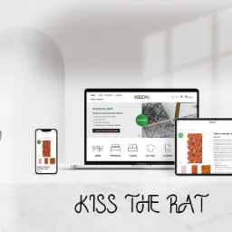 Ekran laptopa MacBook Pro prezentuje stronę internetową z ofertą skandynawskich dywanów i zasłon, obok telefon z widokiem na zasłony MAKEBA, monstera w tle, minimalistyczny design.