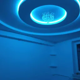 Okrągły, podwieszany sufit z dekoracyjnym oświetleniem LED w kolorze niebieskim i kryształowym żyrandolem w centrum.