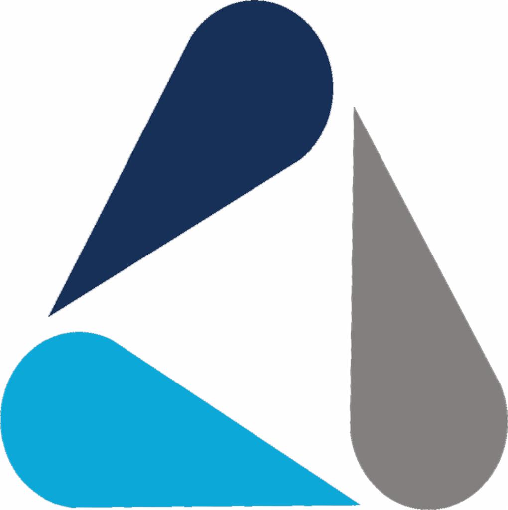 Abstrakcyjne logo firmy składające się z trzech elementów w kształcie odwróconych łez w kolorach: granatowym, błękitnym i szarym, ułożonych w trójkąt.